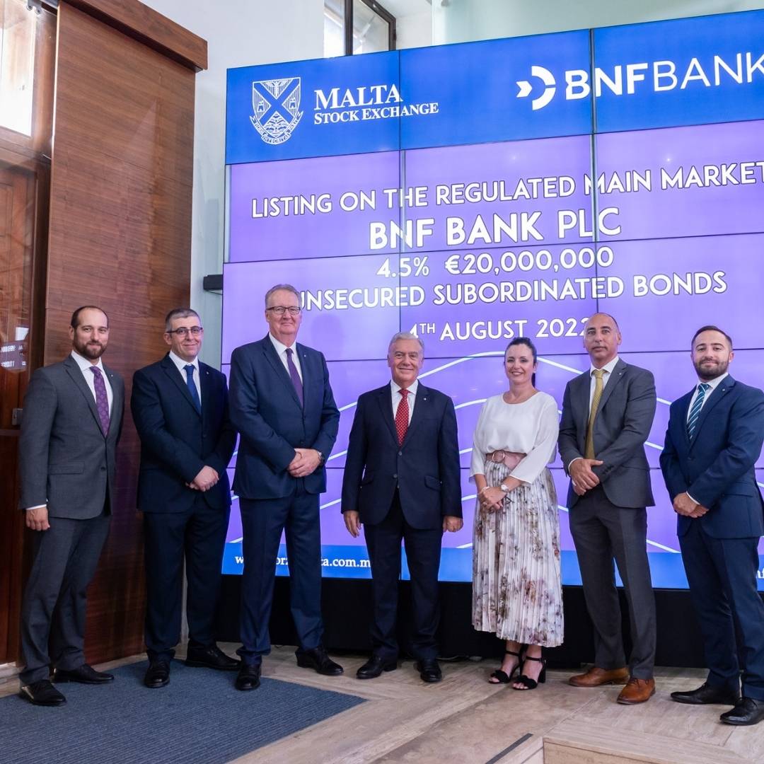 BNF Bank marks listing on the Malta Stock Exchange with ringing of the bell ceremony
